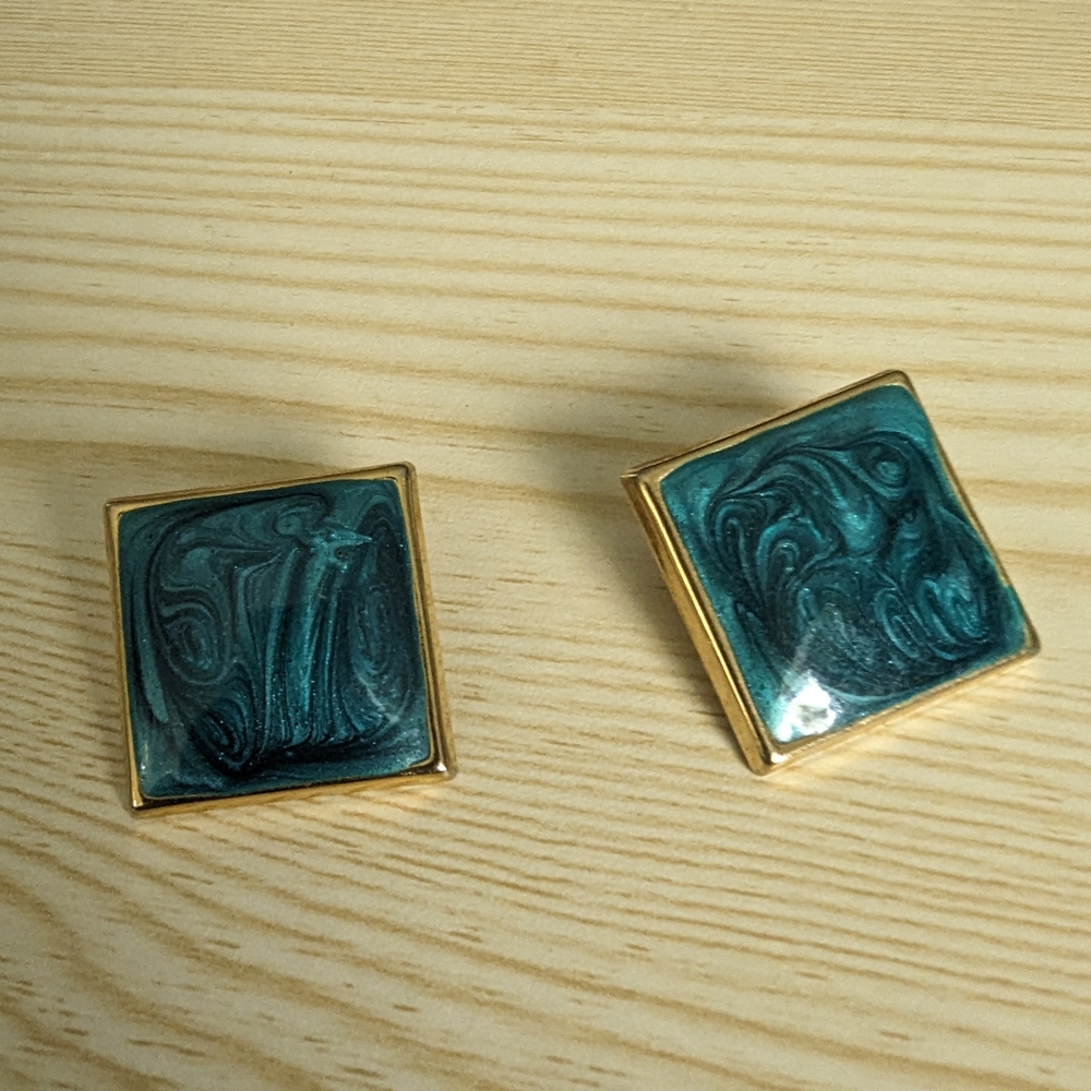 Gold and Teal Enamel Earrings